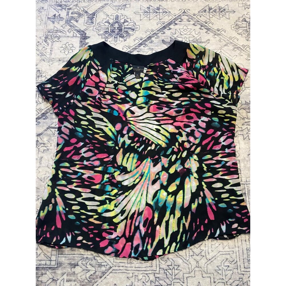 Worthington Petite Large Womens Multicolor Abstract Print Short Sleeve Blouse PL
